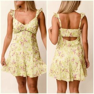 New Likely Gavina Mini Dress In Green Floral Flutter Strap Cut Out Back Sz 8